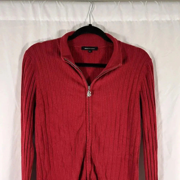 BCBG Maxazria Sweater Women's Large Solid Red Ribbed Full Zip Long Sleeve - Picture 2 of 8